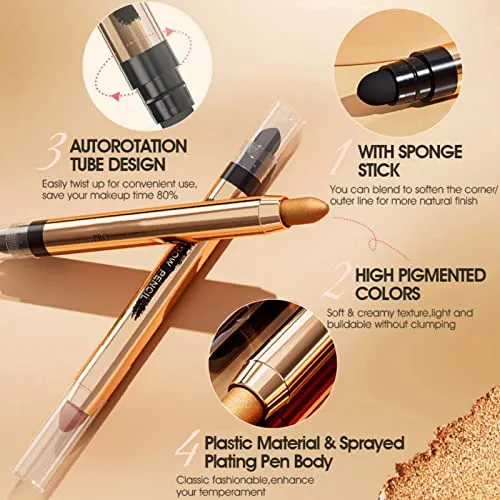 Ehinew Eyeshadow Stick - Neutral and Brown Metallic Eye Shadow Stick Makeup - Champagne Matte & Glitter Eyeshadow - Creamy & Waterproof Eyeshadow Brightener Pencil (8# Golden)