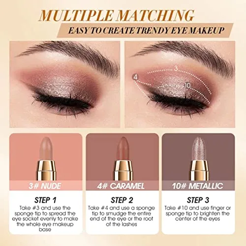 Ehinew Eyeshadow Stick - Neutral and Brown Metallic Eye Shadow Stick Makeup - Champagne Matte & Glitter Eyeshadow - Creamy & Waterproof Eyeshadow Brightener Pencil (8# Golden)